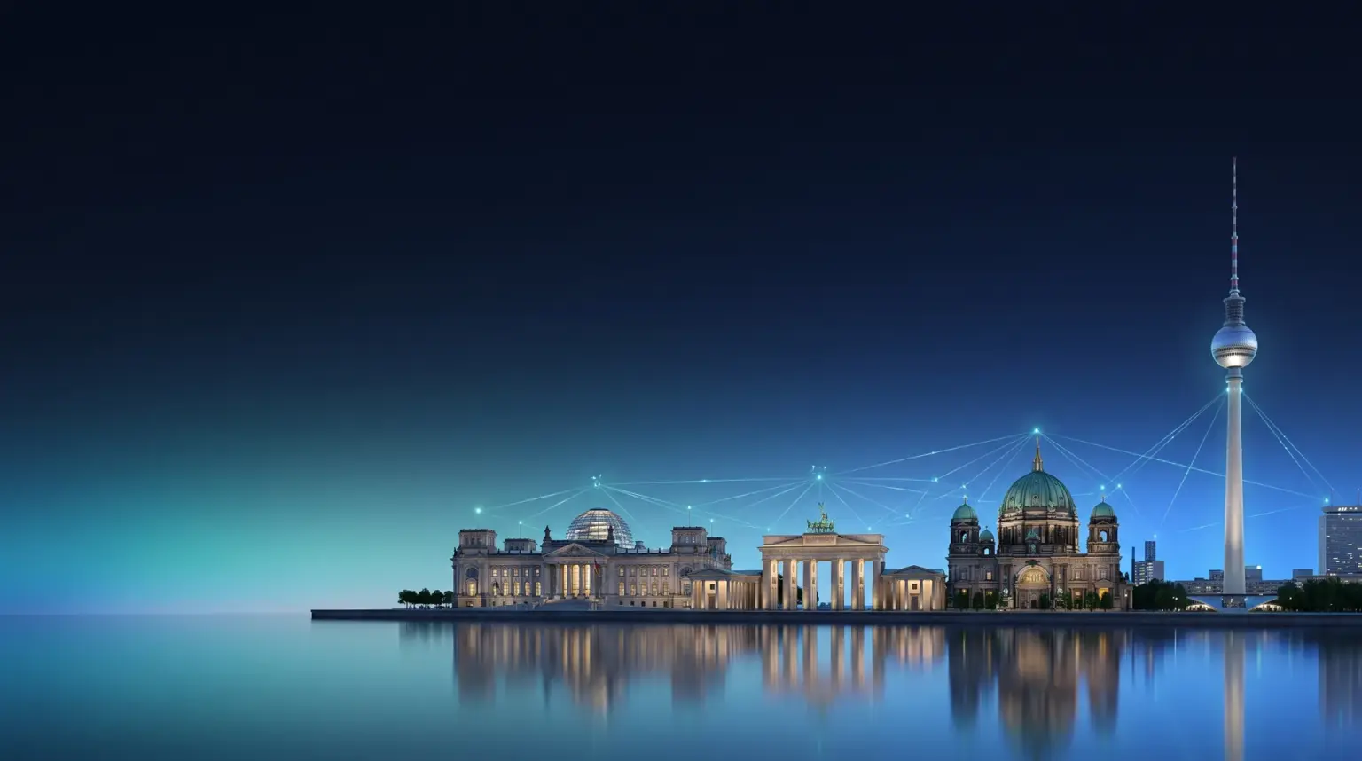 Berliner Wahrzeichen bei Nacht an der Spree: Reichstag, Brandenburger Tor, Berliner Dom und Fernsehturm, verbunden durch ein leuchtendes Datennetz