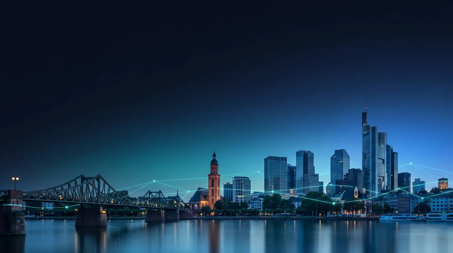 Frankfurter Skyline am Main mit Eisernem Steg, Dom und Bankentürmen bei Nacht, verbunden durch ein leuchtendes Datennetz