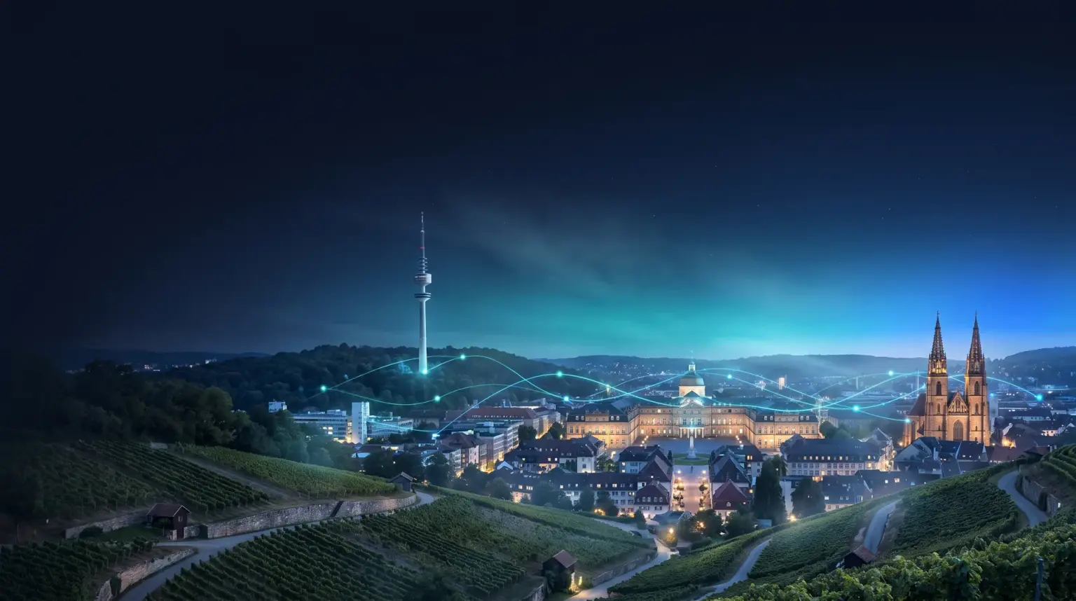 Stuttgarter Talkessel bei Nacht mit Fernsehturm, Neuem Schloss und Stiftskirche, Weinberge im Vordergrund, verbunden durch ein leuchtendes Datennetz